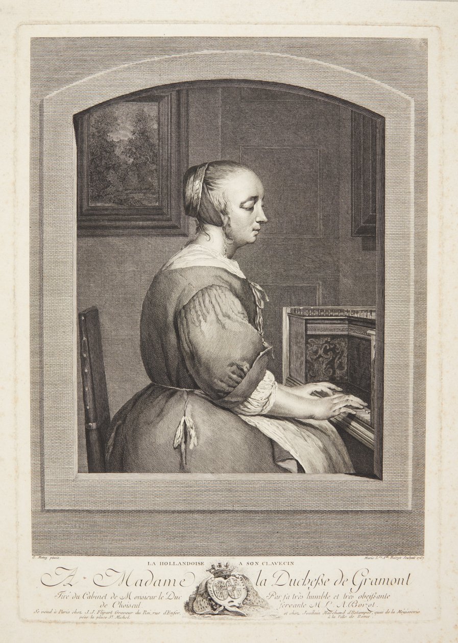 Uma holandesa tocando cravo, vista através de uma janela de Marie Louise Adélaïde Boizot