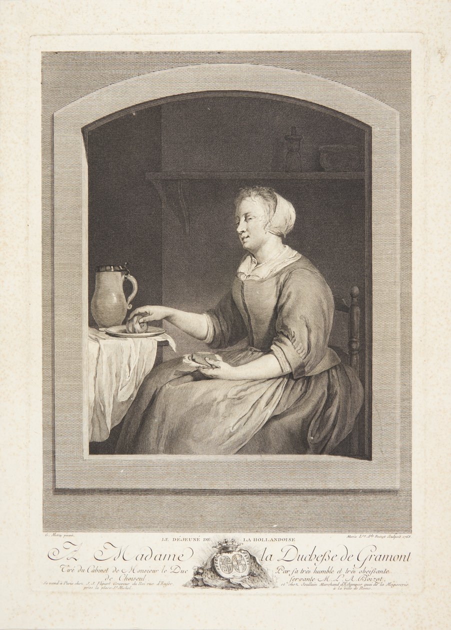 Uma mulher holandesa tomando café da manhã, vista através de uma janela de Marie Louise Adélaïde Boizot