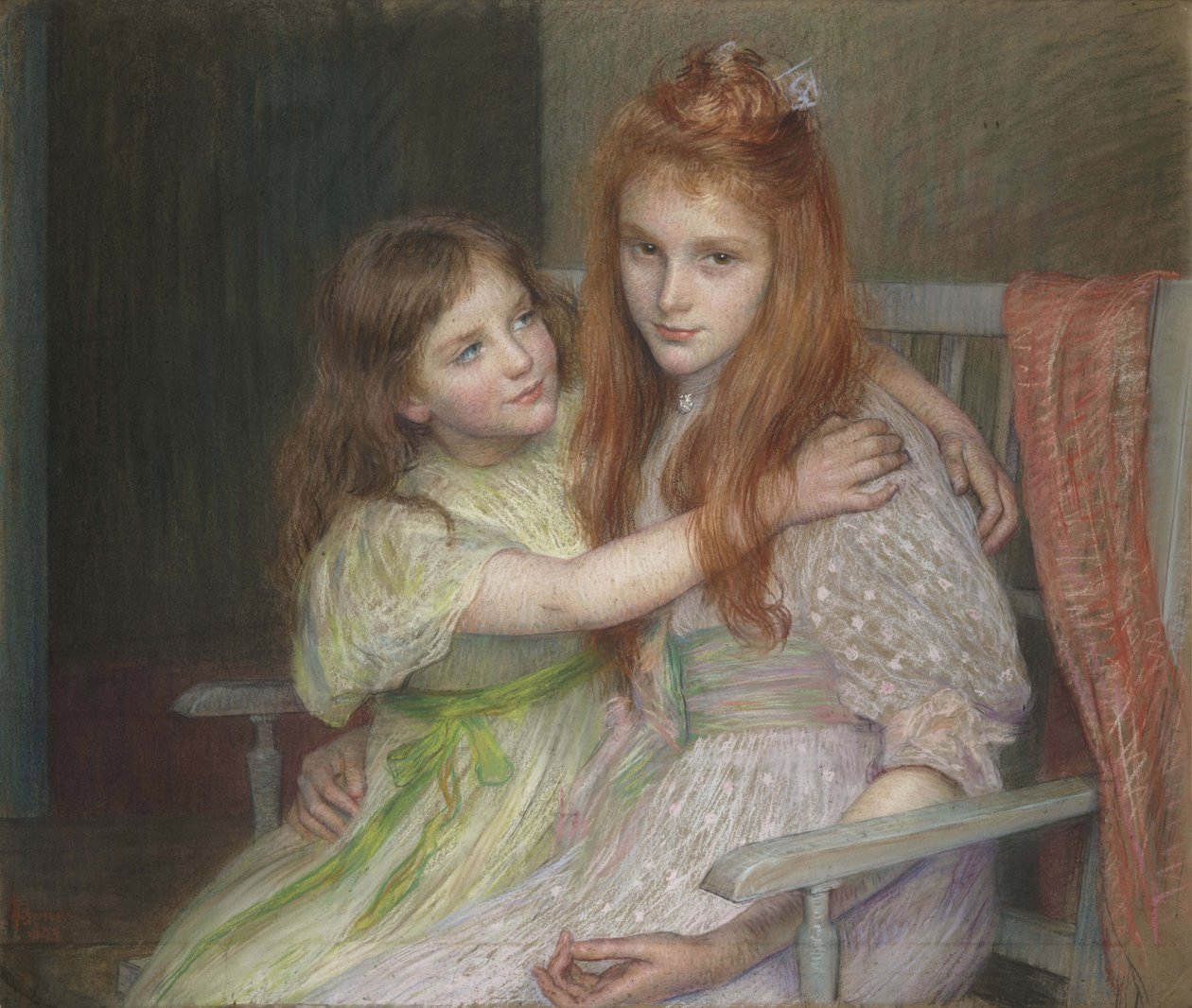 Duas meninas, sentando um banco de Marie Louise Catherine Breslau