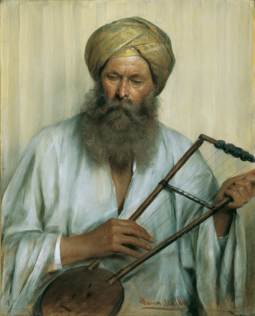 Oriental com caftan branco e turbante amarelo de Marie Müller