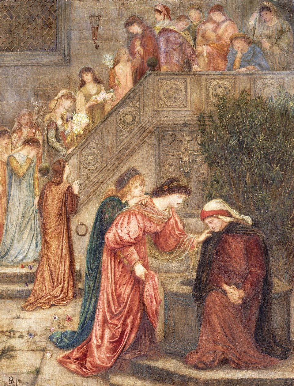 Certas senhoras de sua companhia se reuniram com Beatrice quando ela ficou sozinha chorando, e quando elas passavam dentro e fora, eu as ouvia falar sobre ela. " de Marie Spartali Stillman