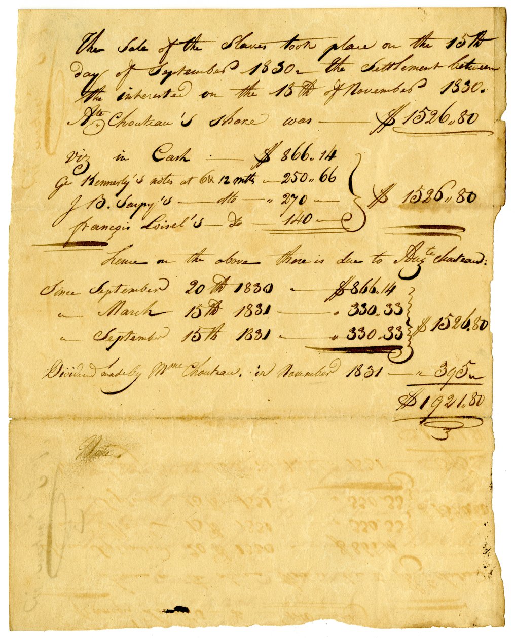 Documento relativo à venda de escravos e de acções que chegam a vários indivíduos, Novembro de 1831 de Marie Therese Cerre Chouteau