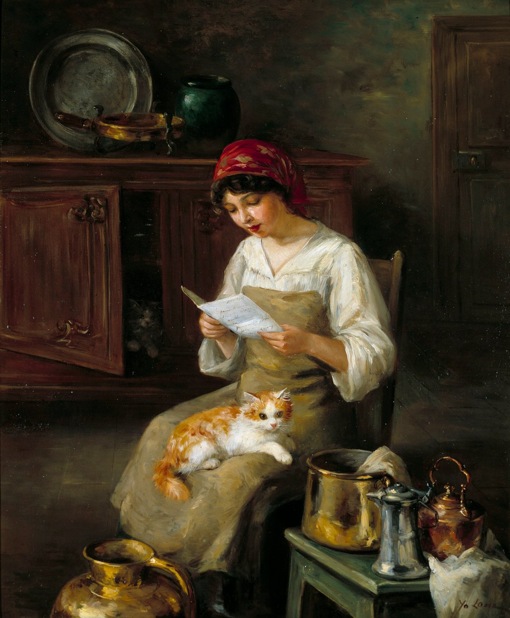 Jovem mulher a ler uma carta. Pintura de Marie-Yvonne Laur Dite Yo (1879-1943) de Marie Yvonne Yo Laur