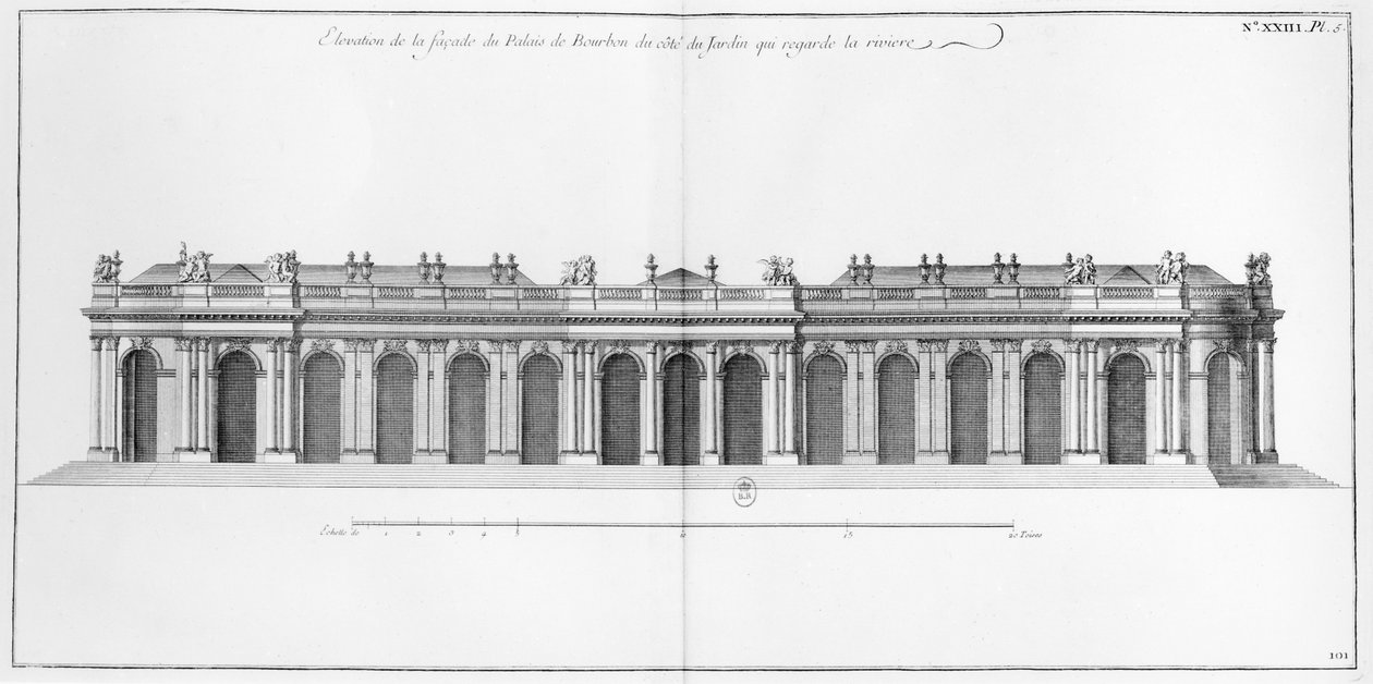 Fachada no Sena do Palácio Bourbon, Paris, da L&39;Architecture Française de Jacques Francois Blondel (1705-74), 1752-56 de Mariette P.