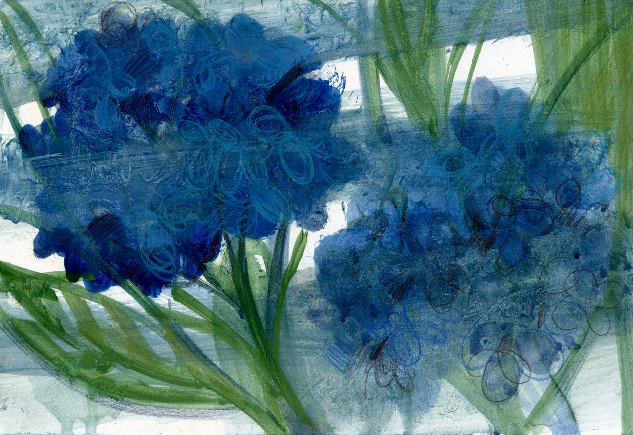Hortênsias azuis, 2020 (óleo sobre papel A4) de Marina Falco