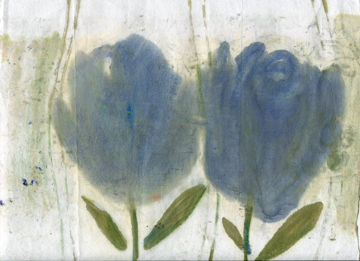 Tulipas azuis, 2020 (óleo e técnica mista sobre papel A4) de Marina Falco