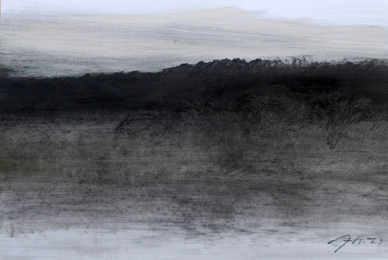 Anoitecer, 2023 (óleo e carvão sobre papel) de Marina Falco