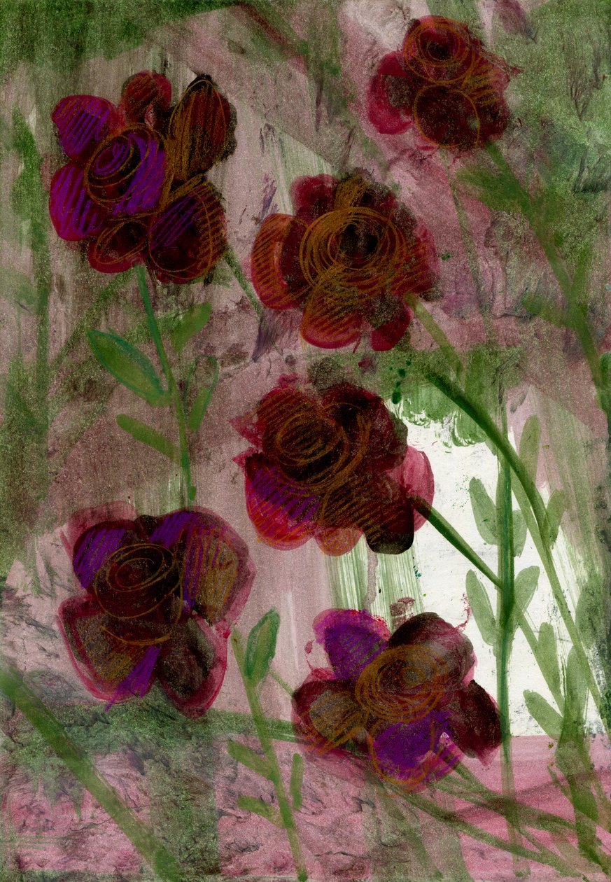 Flores, 2020 (óleo e técnica mista sobre papel A4) de Marina Falco