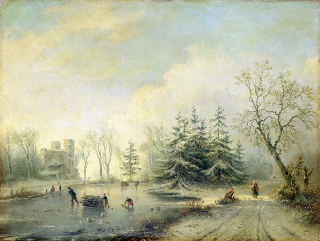 Árvores, castelo e figuras de patinagem (óleo sobre painel) de Marinus Adrianus Koekkoek