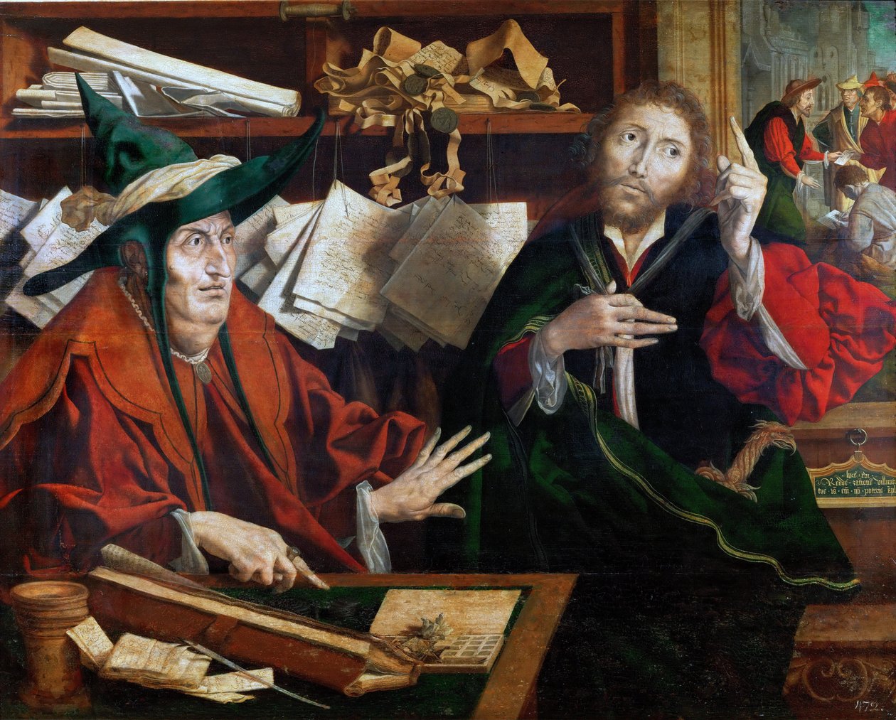 La parabole du gerant malhonnete - A Parábola do Gestor Injusto, de Reymerswaele, Marinus Claesz, van (ca. 1490-após 1567). Óleo sobre madeira, c.1540. Dimensão : 77x96,5 cm. Museu de História de Arte, Vienne de Marinus van Reymerswaele