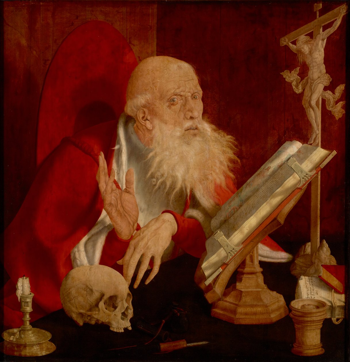 Saint Jerome dans sa cellule - Saint Jerome in his Cell, de Reymerswaele, Marinus Claesz, van (c. 1490-após 1567). Óleo sobre madeira, c. 1545. Dimensão : 84,3x82,5 cm. Muzeul National Brukenthal, Sibiu de Marinus van Reymerswaele