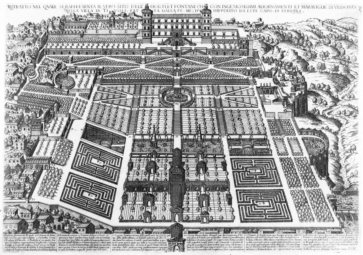 Vista da Villa d&39;Este e dos jardins, 1575 de Mario Cartaro