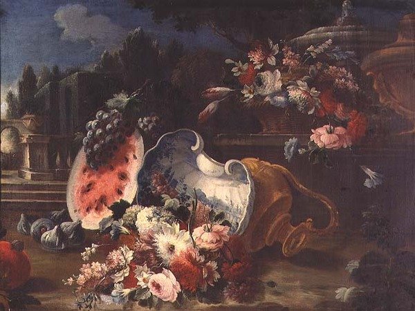 Natureza morta, flores e frutas misturadas perto de uma fonte de Mario (follower of) Nuzzi