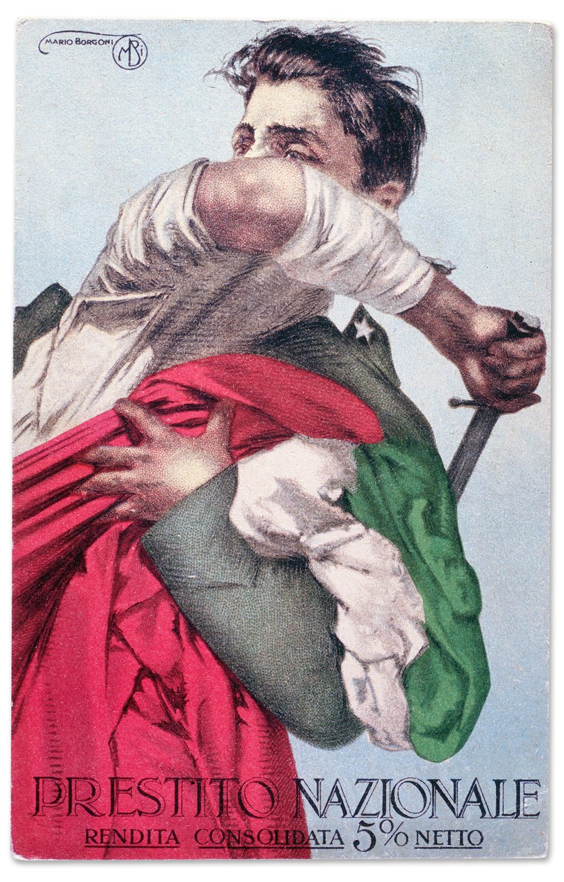 Um soldado italiano defende a Tricolor com uma espada desembainhada. Cartão postal de propaganda do Empréstimo Nacional, c.1915-18 (postal) de Mario Borgoni