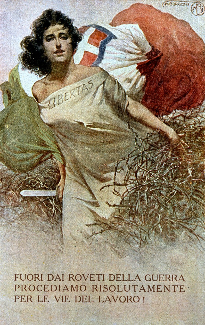 Desenho de uma alegoria da Itália libertada do jugo da Primeira Guerra Mundial. (cor litho) de Mario Borgoni