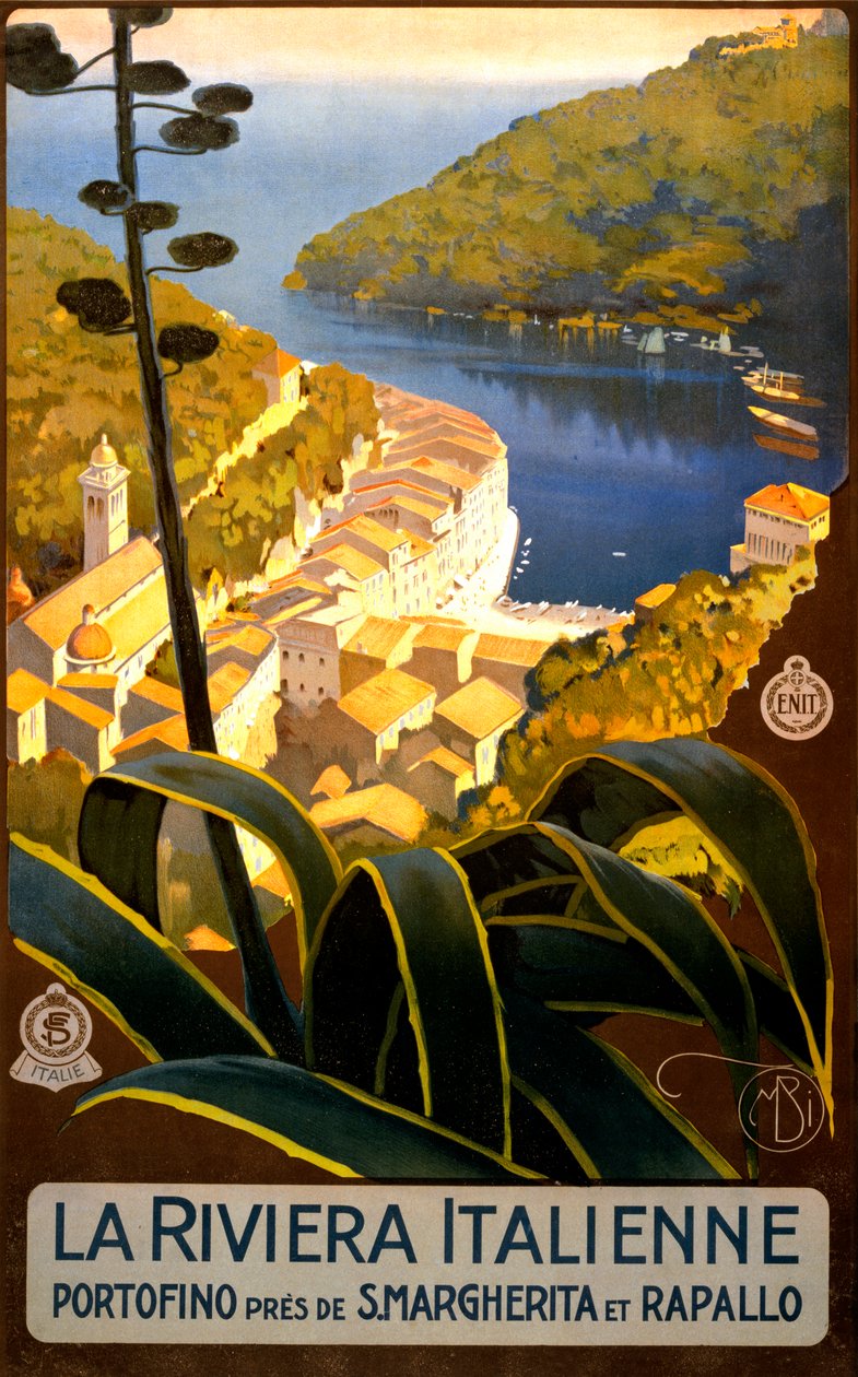 Cartaz de viagem La Riviera Italienne, c.1920 (litho) de Mario Borgoni