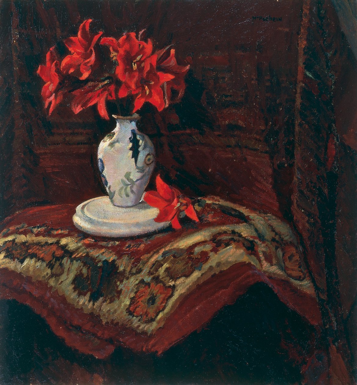 Taco e jarro com lírios vermelhos, de Mario Puccini (1869-1920), óleo sobre tela, 64x59 cm. de Mario Puccini