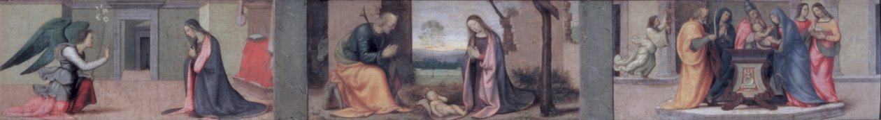 A Anunciação; A natividade; A Apresentação no Templo, painel predella de A Visitação de Santa Isabel à Madona, 1503 (painel) (ver também 50335) de Mariotto Albertinelli