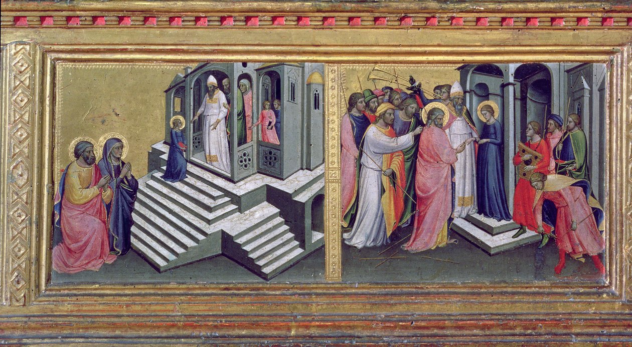 Madonna e criança com Santos, detalhe da predella representando a apresentação no templo e o casamento da têmpera virgem no detalhe do painel de 80340 de Mariotto di Nardo