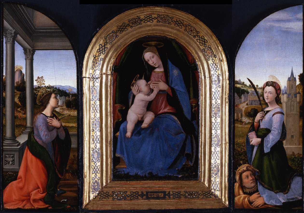 Maria entrelaçada com lactantes Catarina de Alexandria e Bárbara e seu pai Dioscurus, 15 de Mariotto Albertinelli