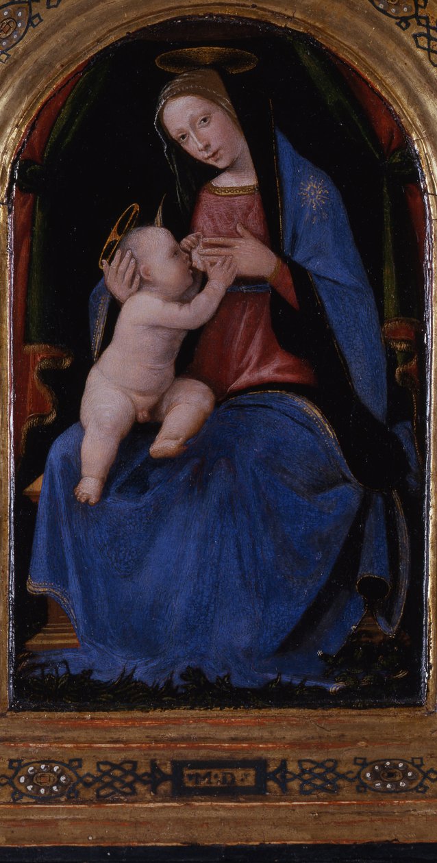 Tríptico, painel central: Maria lactans entronizada, 1500 de Mariotto Albertinelli