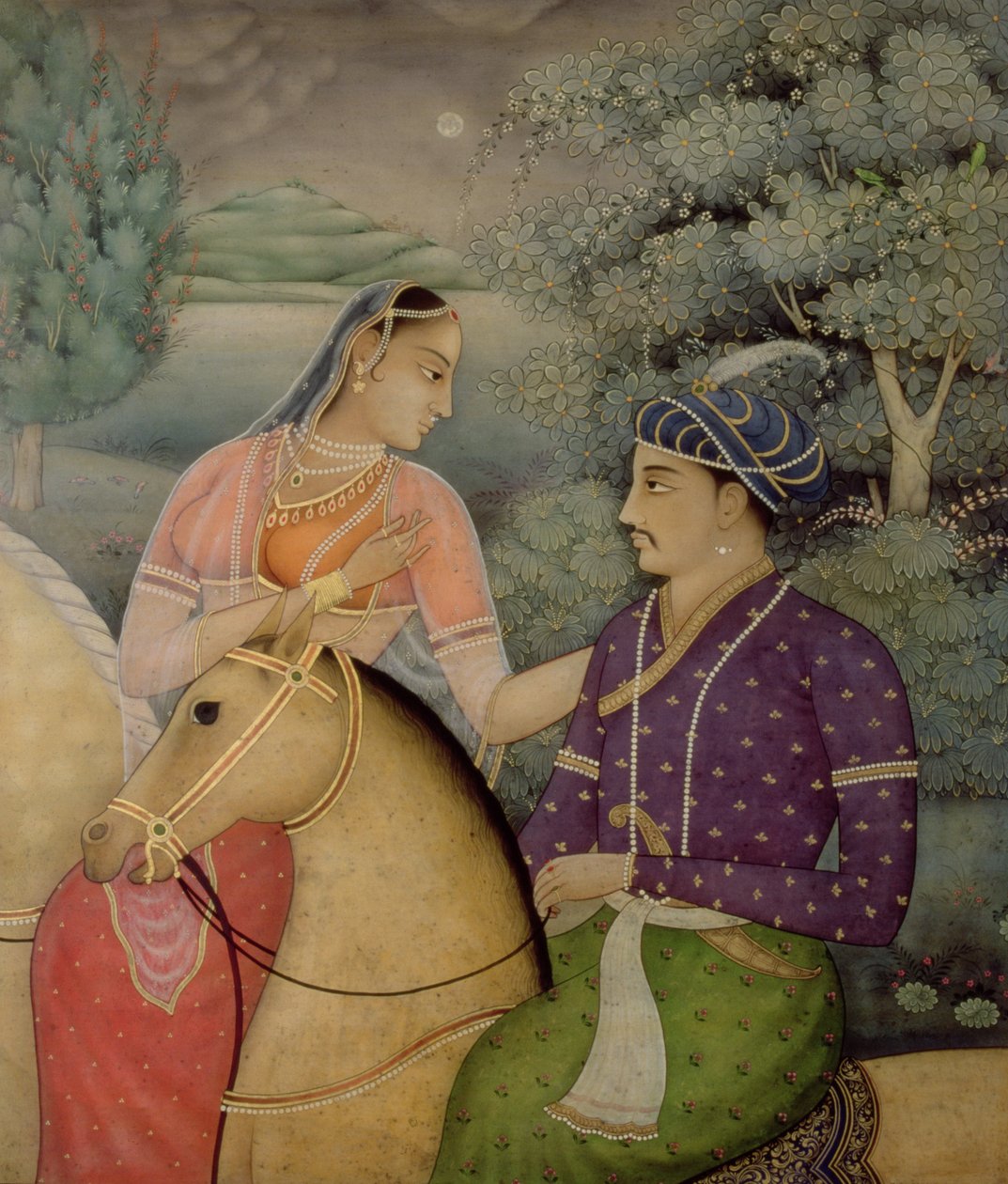 Um casal a cavalo ao lado de um lago ao luar (têmpera no painel) de Mark Briscoe