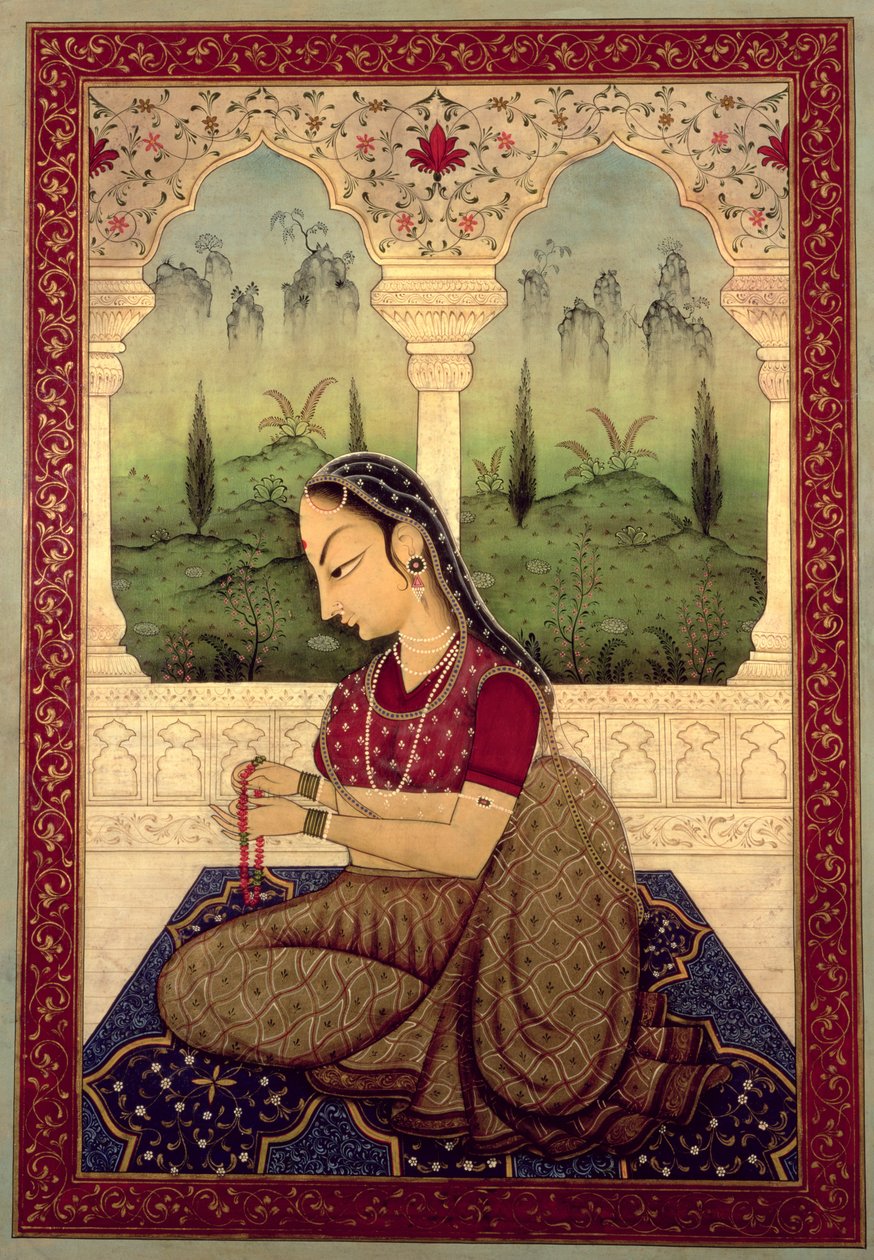 Lady Making a Garland (têmpera e óleo no painel) de Mark Briscoe