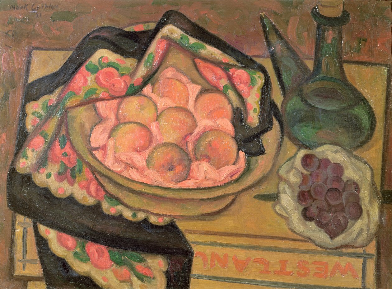 Pêssegos e uma garrafa verde, 1931 de Mark Gertler