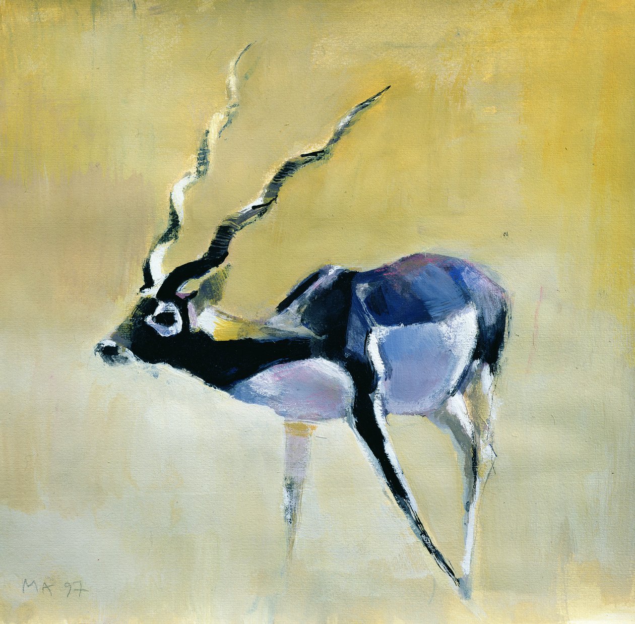 Black Buck, Velavadar, 1997 (mídia mista no papel) de Mark Adlington