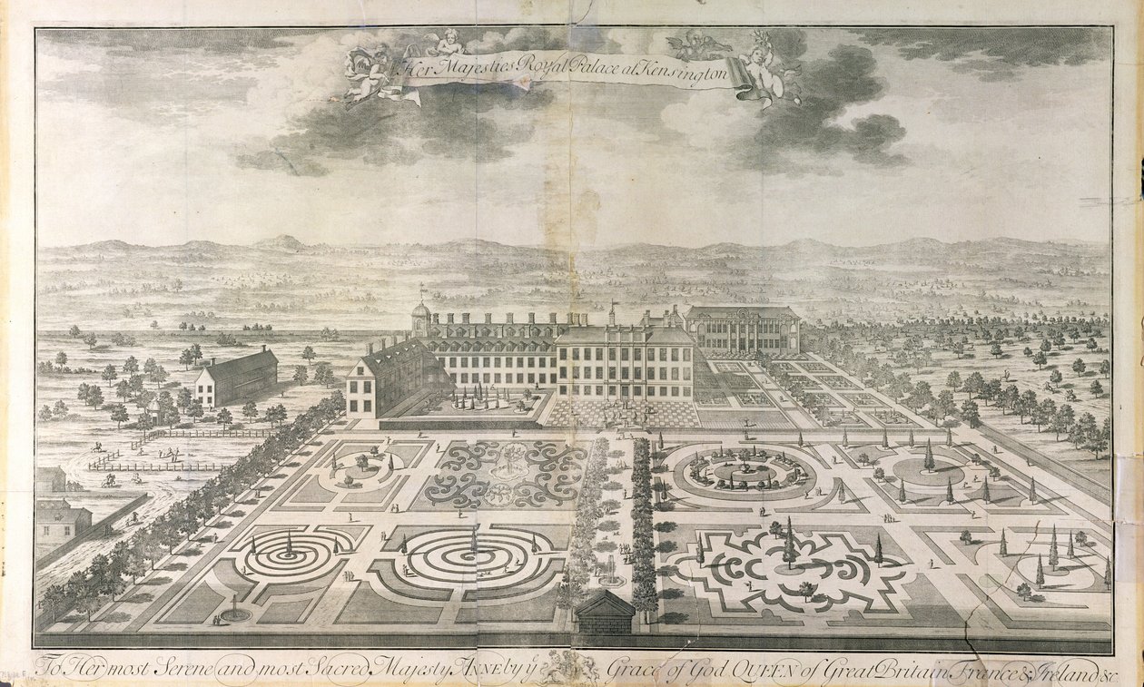 Opinião de olho de pássaro dos jardins do palácio de Kensington, gravados pelo bar de Johannes Kip (c.1652-1722). por J. Smith, 1724 de Mark Anthony Hauduroy