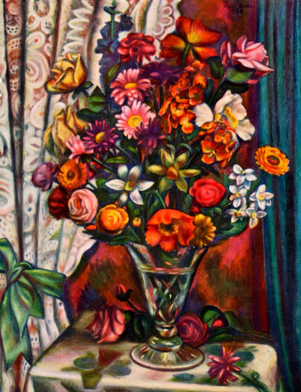 Ainda vida de flores em um vaso de prata, 1930. de Mark Gertler