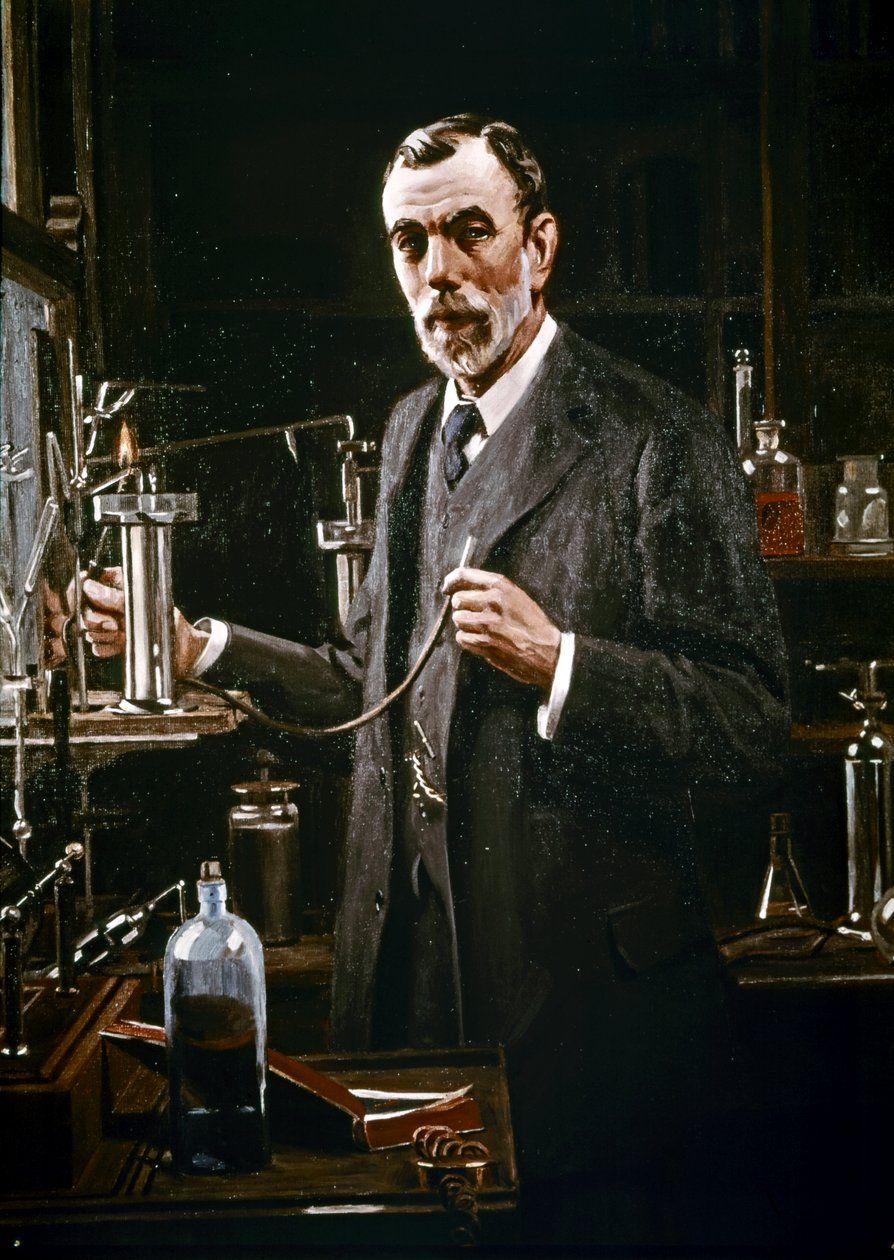 Sir William Ramsay no seu laboratório de Mark Richard Milbanke