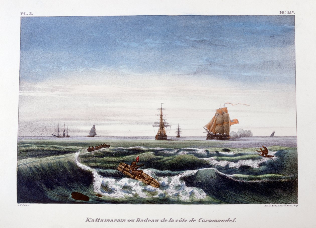 Uma jangada na costa de Coromandel, Índia, 1828. de Marlet et Cie