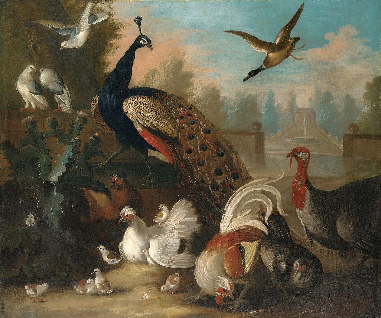 Um pavão e outros pássaros em uma paisagem ornamental de Marmaduke Cradock