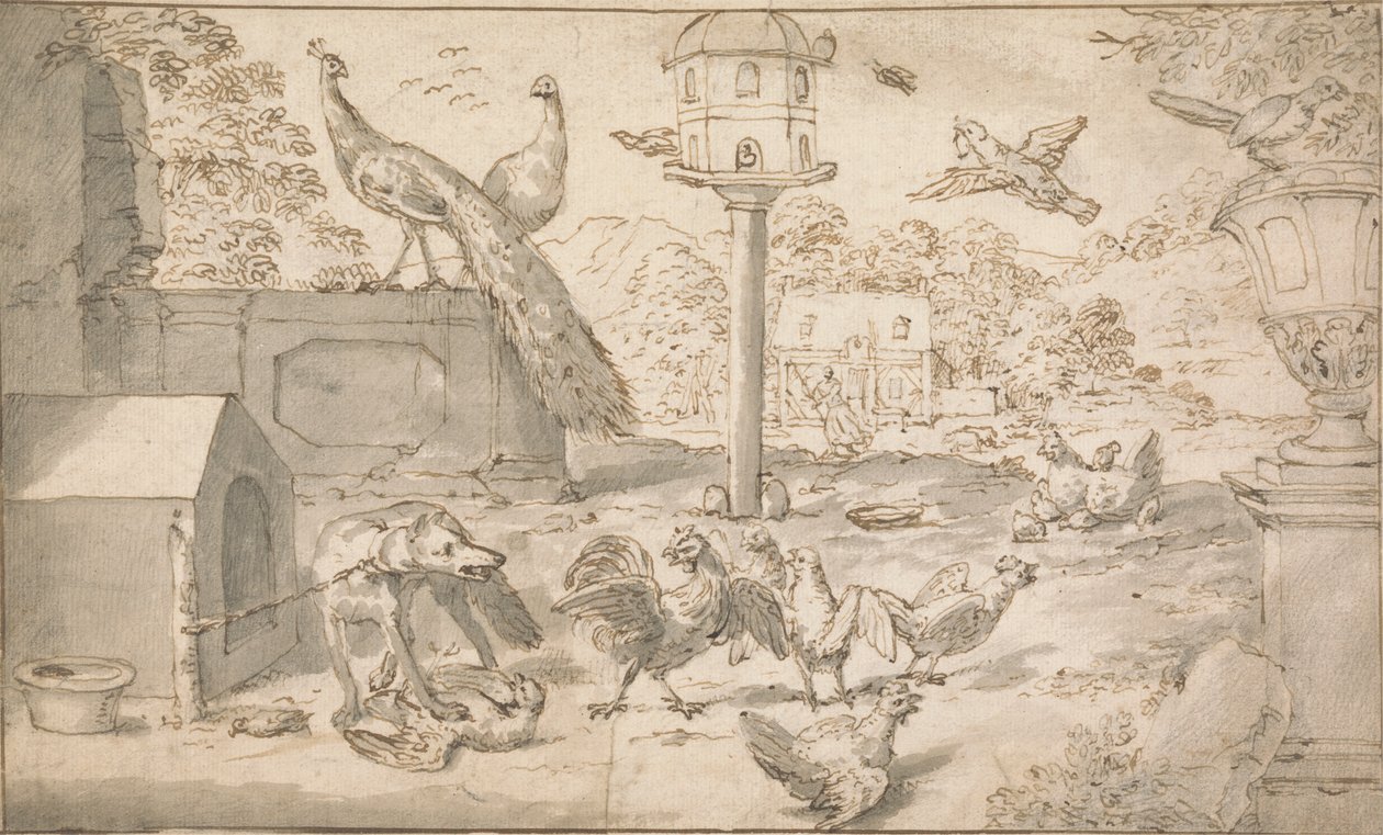 Paisagem com pássaros e cão de Marmaduke Cradock