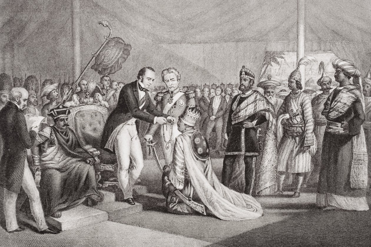Grande Durbar em Cawnpore após a Supressão da Revolta do Sepoy, 1858, de "Ilustrações da História Escocesa e Inglesa", Volume II de Marshall Claxton