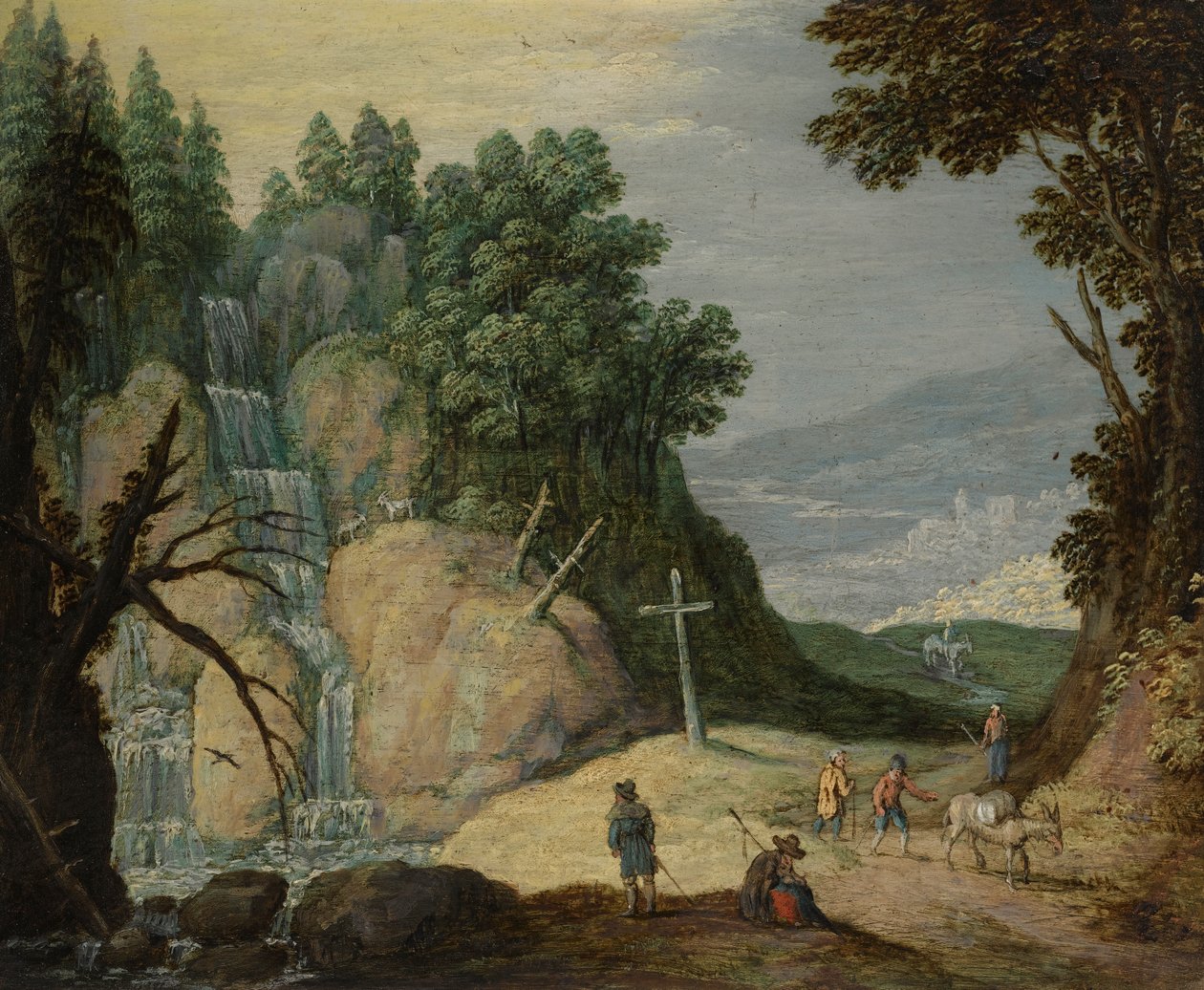 Uma paisagem rochosa com cascata e viajante em um caminho de Marten Ryckaert