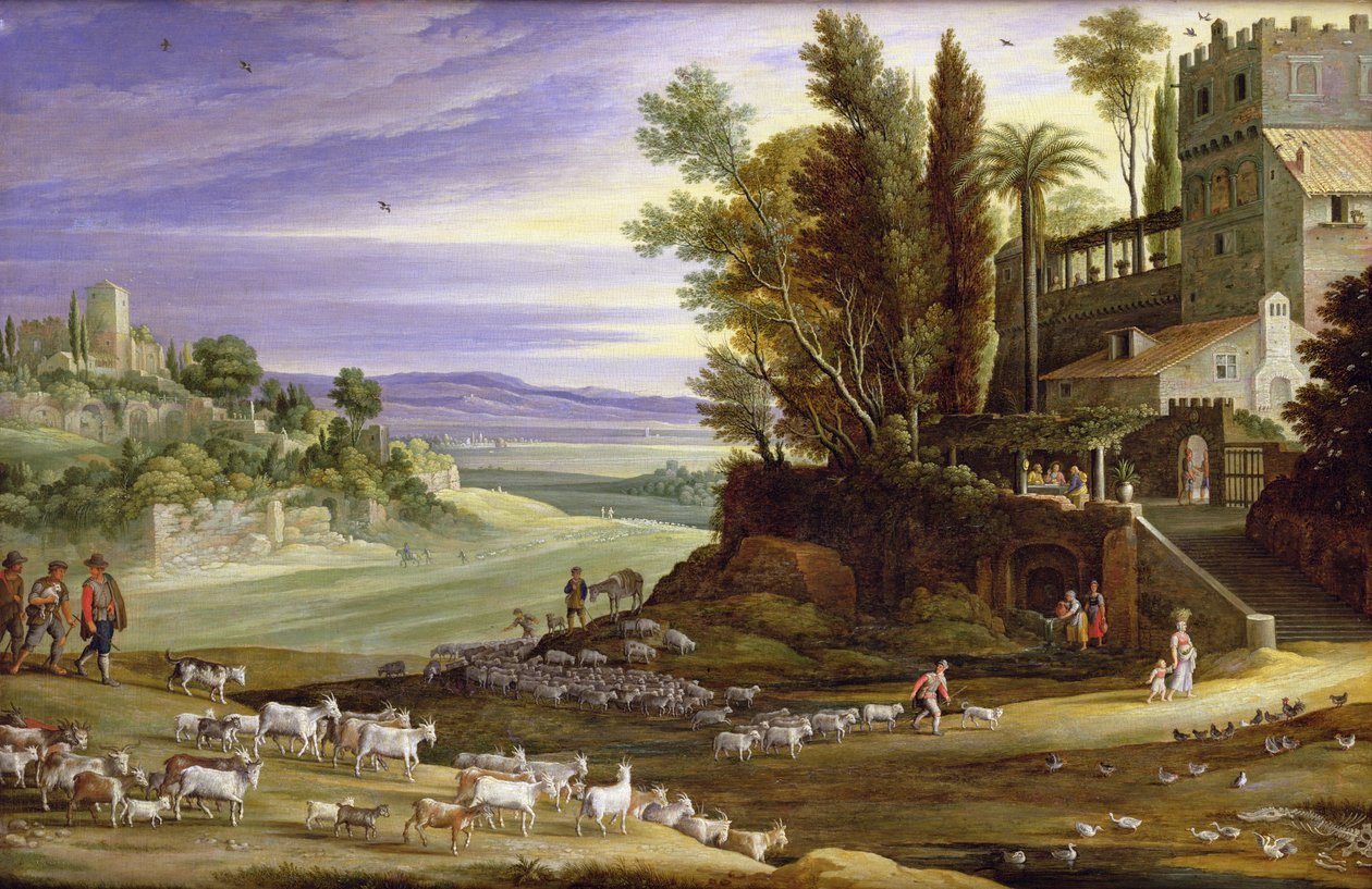 Paisagem com pastores e a ceia em Emaús de Marten Ryckaert