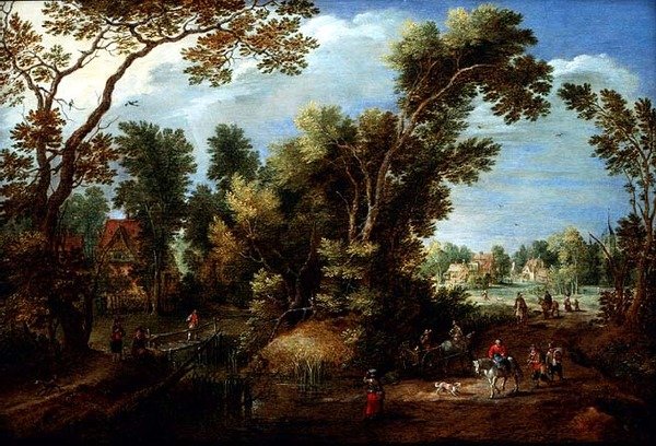 Paisagem arborizada do rio com figuras de Marten Ryckaert