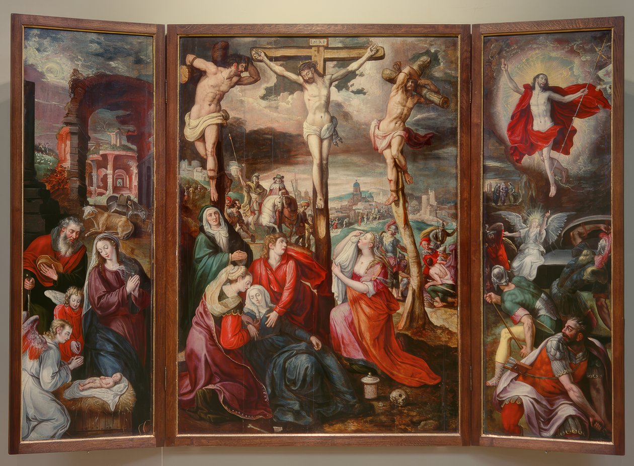 Crucificação - Nascimento de Cristo - Ressurreição de Cristo de Marten de Vos