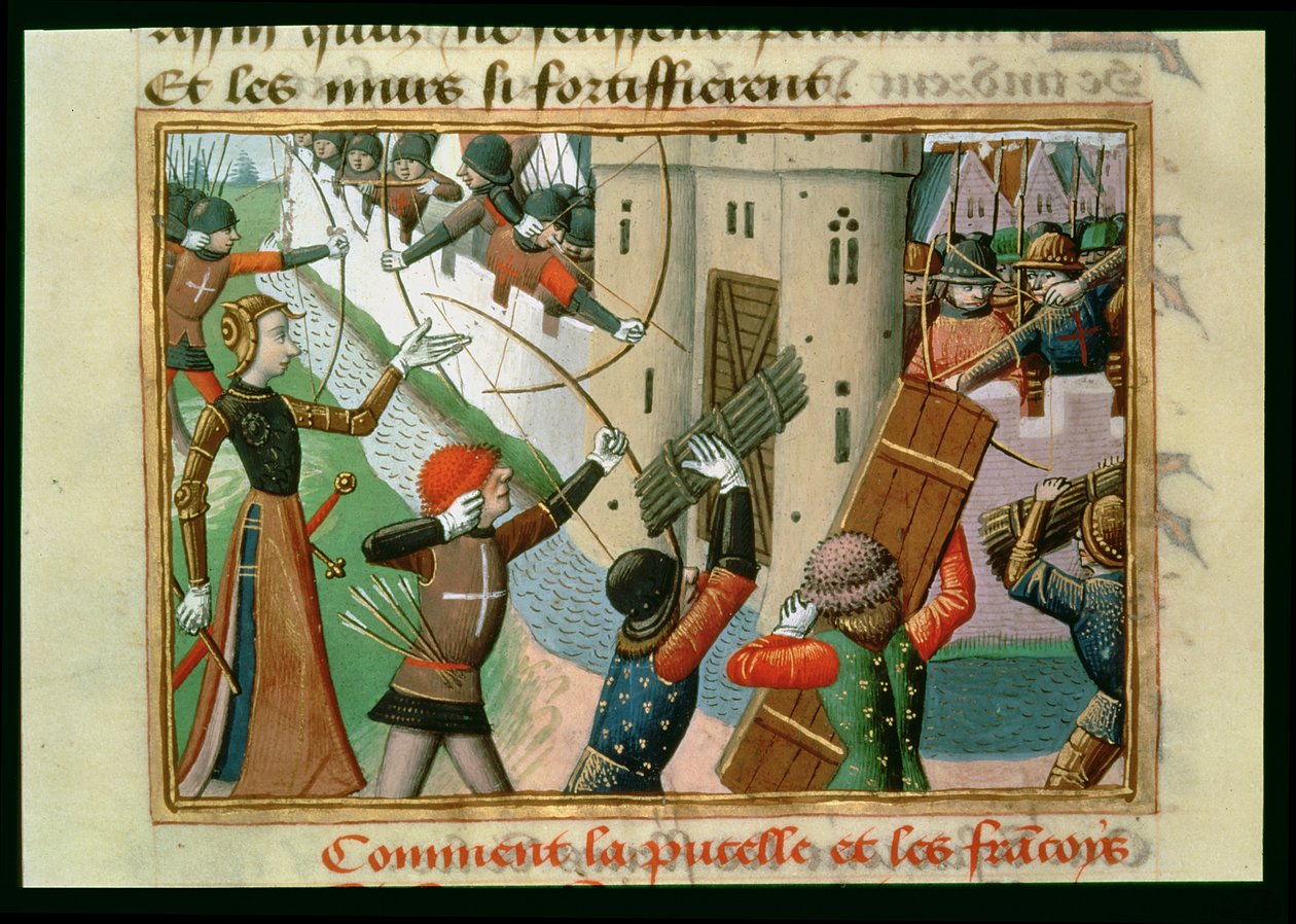 O Cerco de Paris por Joana d&39;Arc (c.1412-31) em 1429, das Vigílias de Carlos VII, c.1484 de Martial de Paris