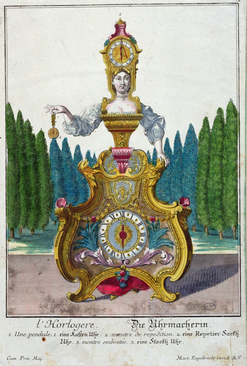 O Relojoeiro, c.1735 (gravura a cores) de Martin Engelbrecht