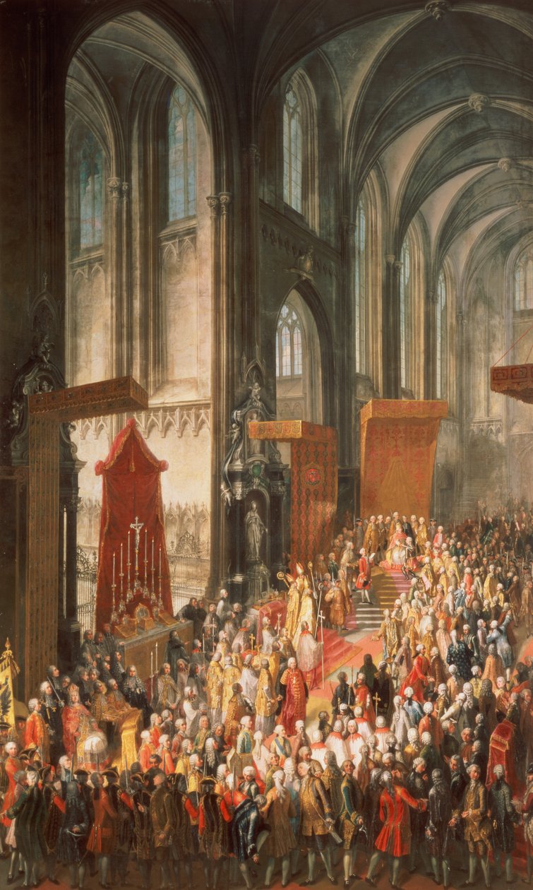 A Investidura Joseph II (1741-1790) após sua coroação como Imperador da Alemanha na Catedral de Frankfurt, 1764 de Martin II Mytens or Meytens