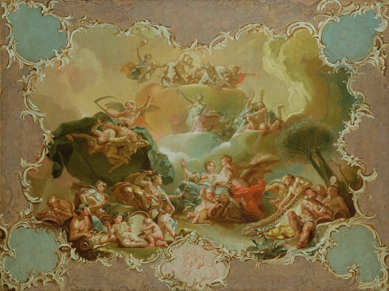 Modello para uma decoração de teto representando Ceres com os frutos da terra com o tempo superar a inveja e Flora oferecendo flores para Apollo de Martin Knoller