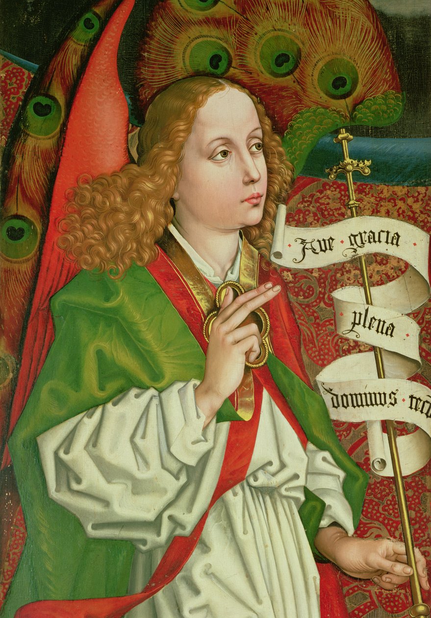 Detalhe do Arcanjo Gabriel, da Anunciação, do Retábulo de Orlier, c.1468-70 de Martin Schongauer