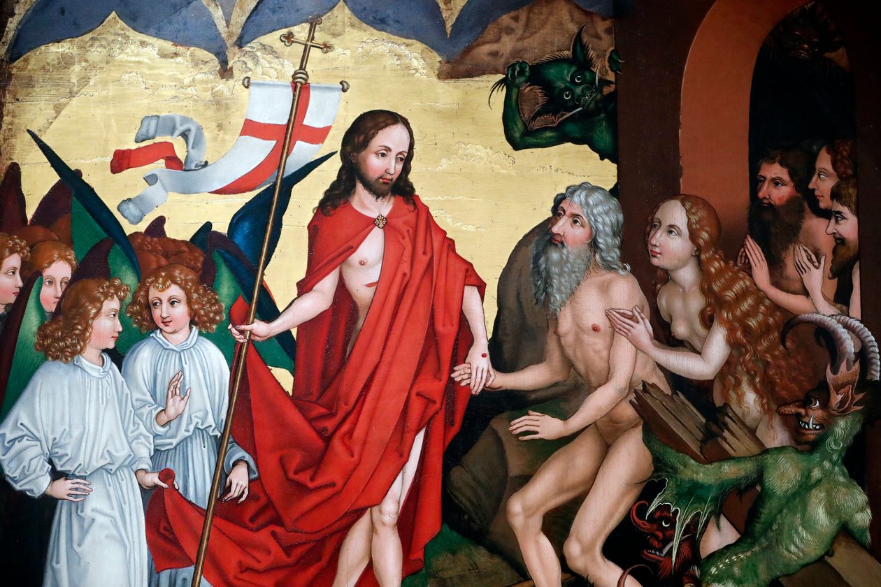 Jesus tira Adão e Eva de suas sepulturas na ressurreição de Martin Schongauer