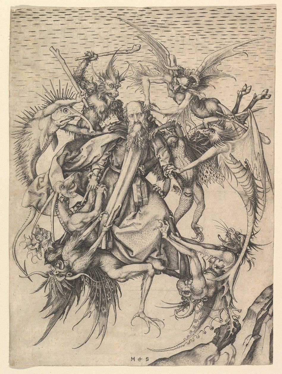 A tentação de Santo Antônio por Martin Schöngauer c. 1480-90. Gravação de Martin Schongauer