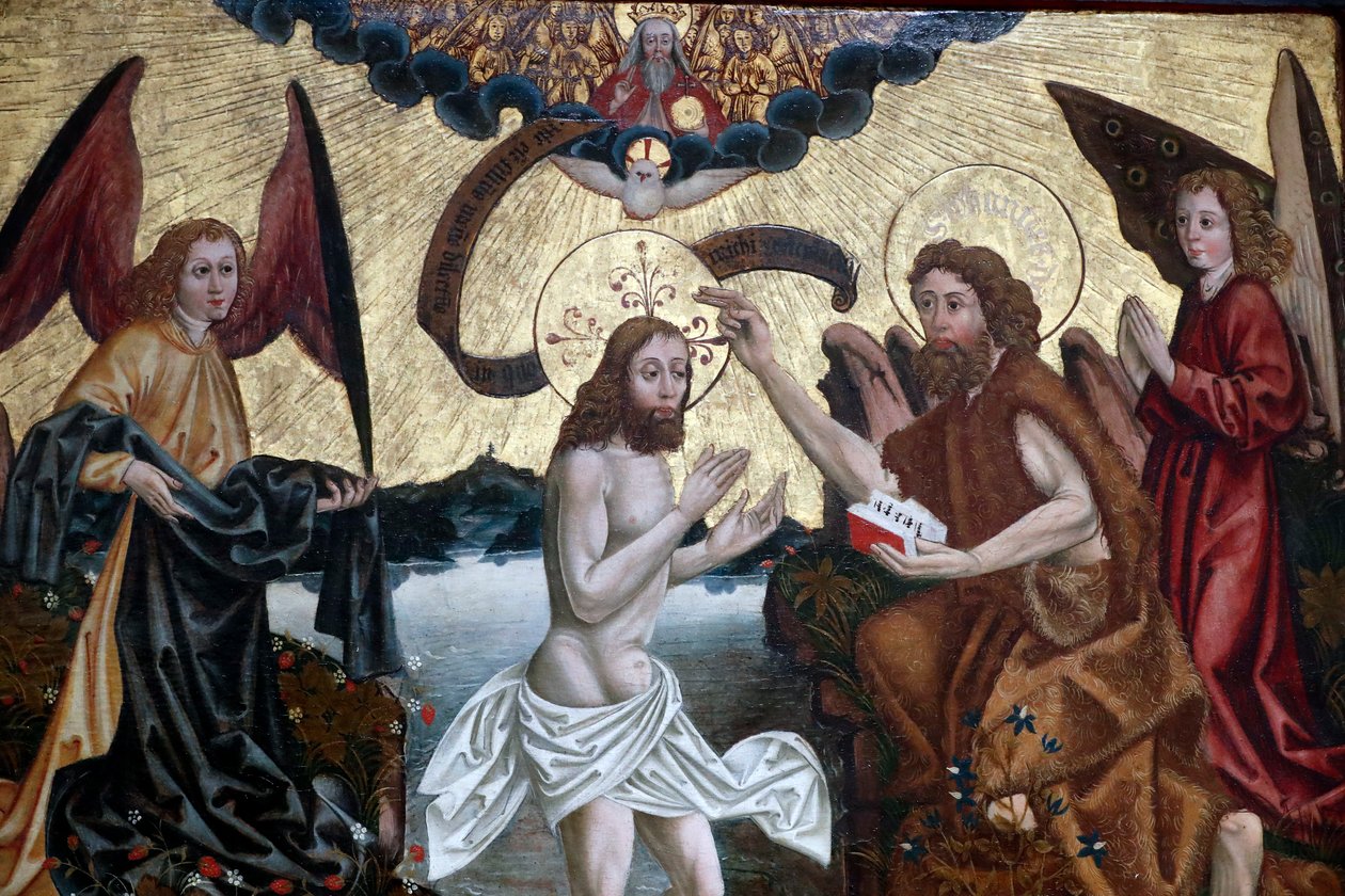 O batismo de Jesus por João Batista de Martin Schongauer