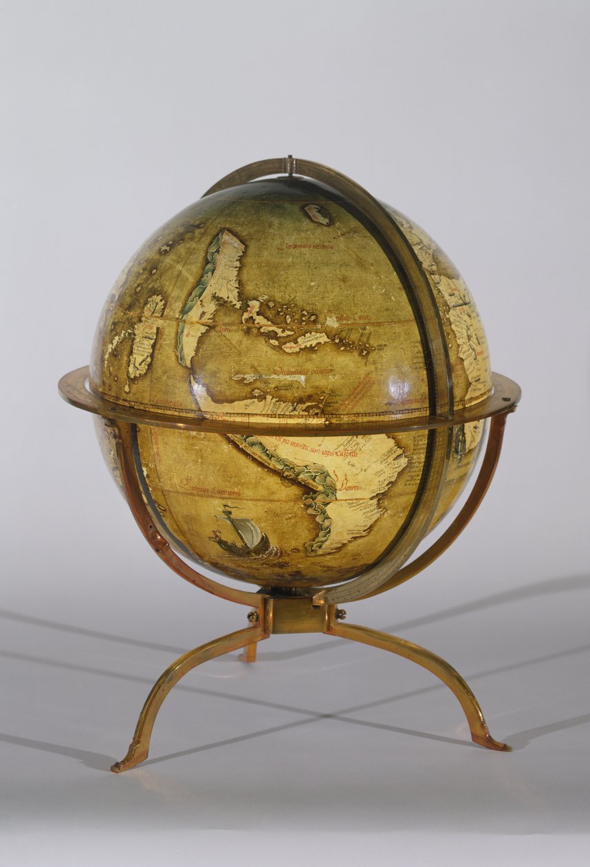Globo Terrestre, um de um par conhecido como globos &39;Brixen&39;, c.1522 (caneta e tinta, wc e guache sobre madeira) de Martin Waldsemuller