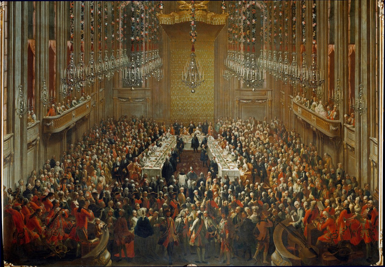 Banquete por ocasião do casamento do Imperador José II e Isabel de Parma, em 10/06/1760. Com Mozart de pé na orquestra de Martin (and studio) Mytens or Meytens